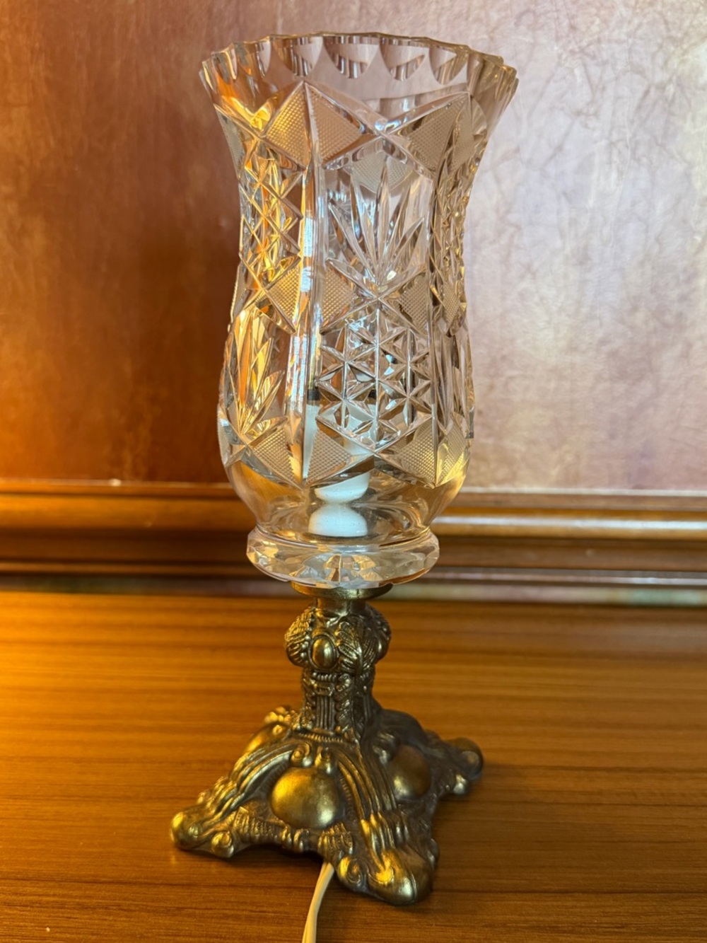 Vintage Crystal Boudoir Lamp Cut Glass Shade Ornate Metal Base 9.5” Accent Light